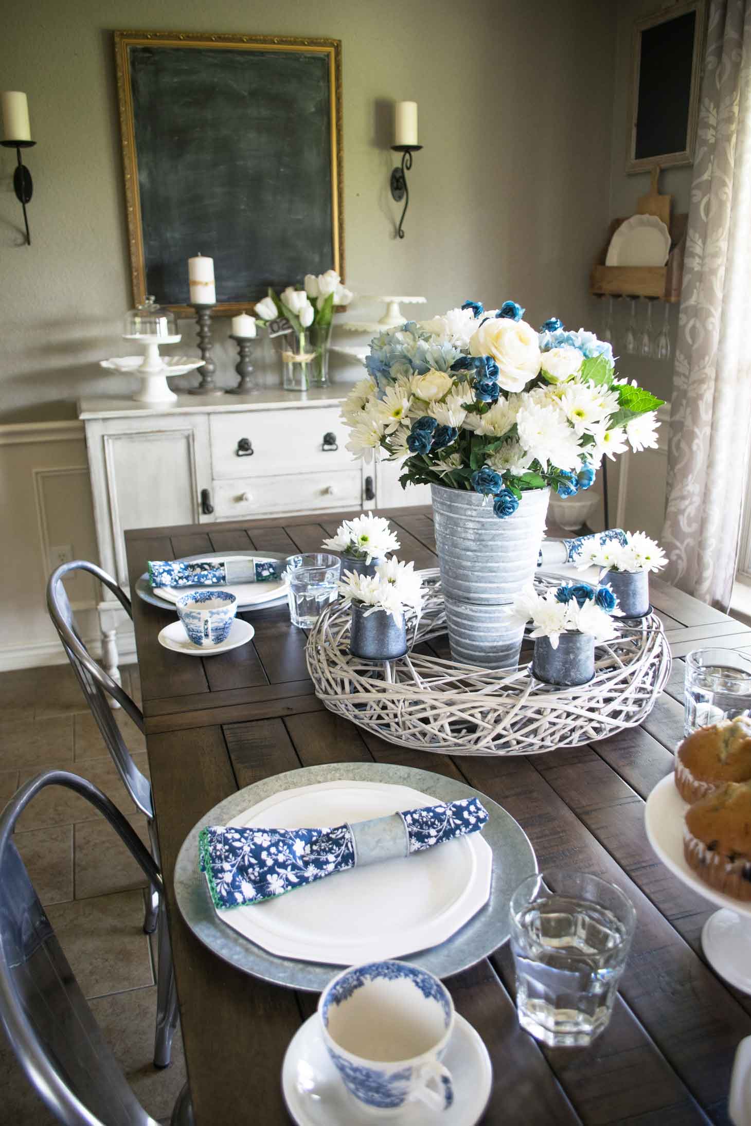 white ironstone with blue accents for a spring table