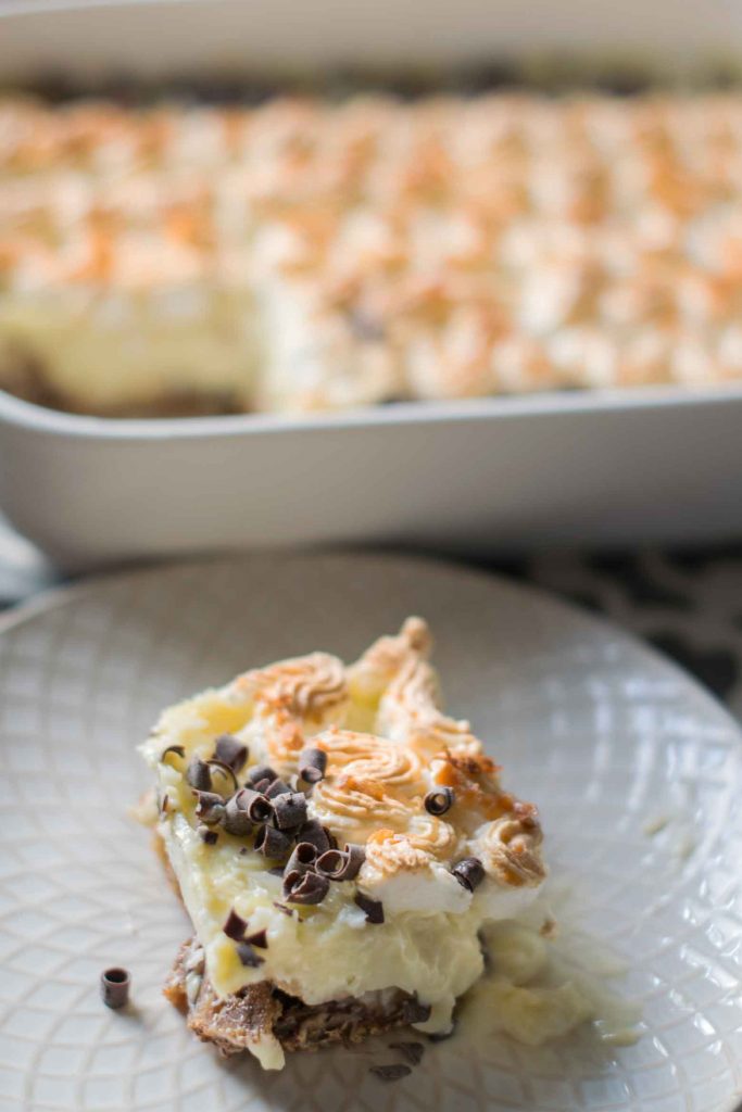 Coconut cookie bars in a baking dish
