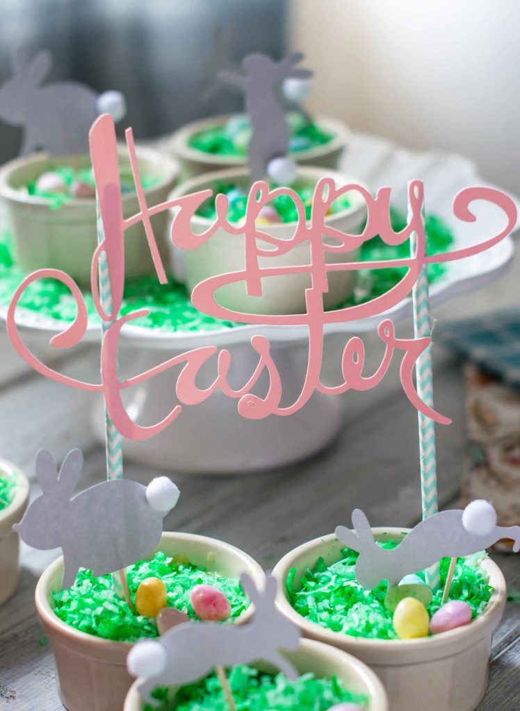 coconut cream dessert pots with Happy Easter Banner