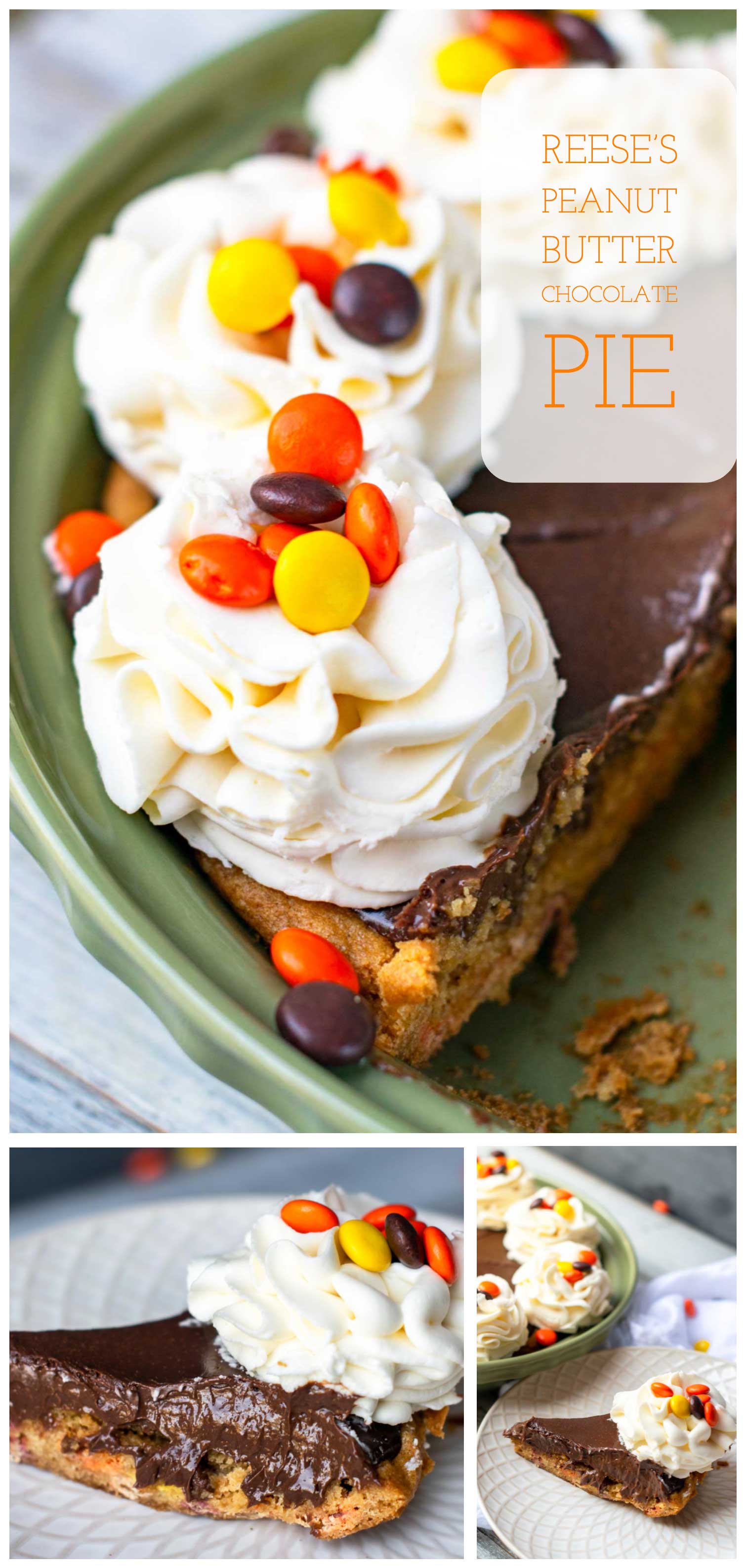 This refrigerated pie features a peanut butter cookie crust and rich chocolate ganache topped with Reese's pieces!