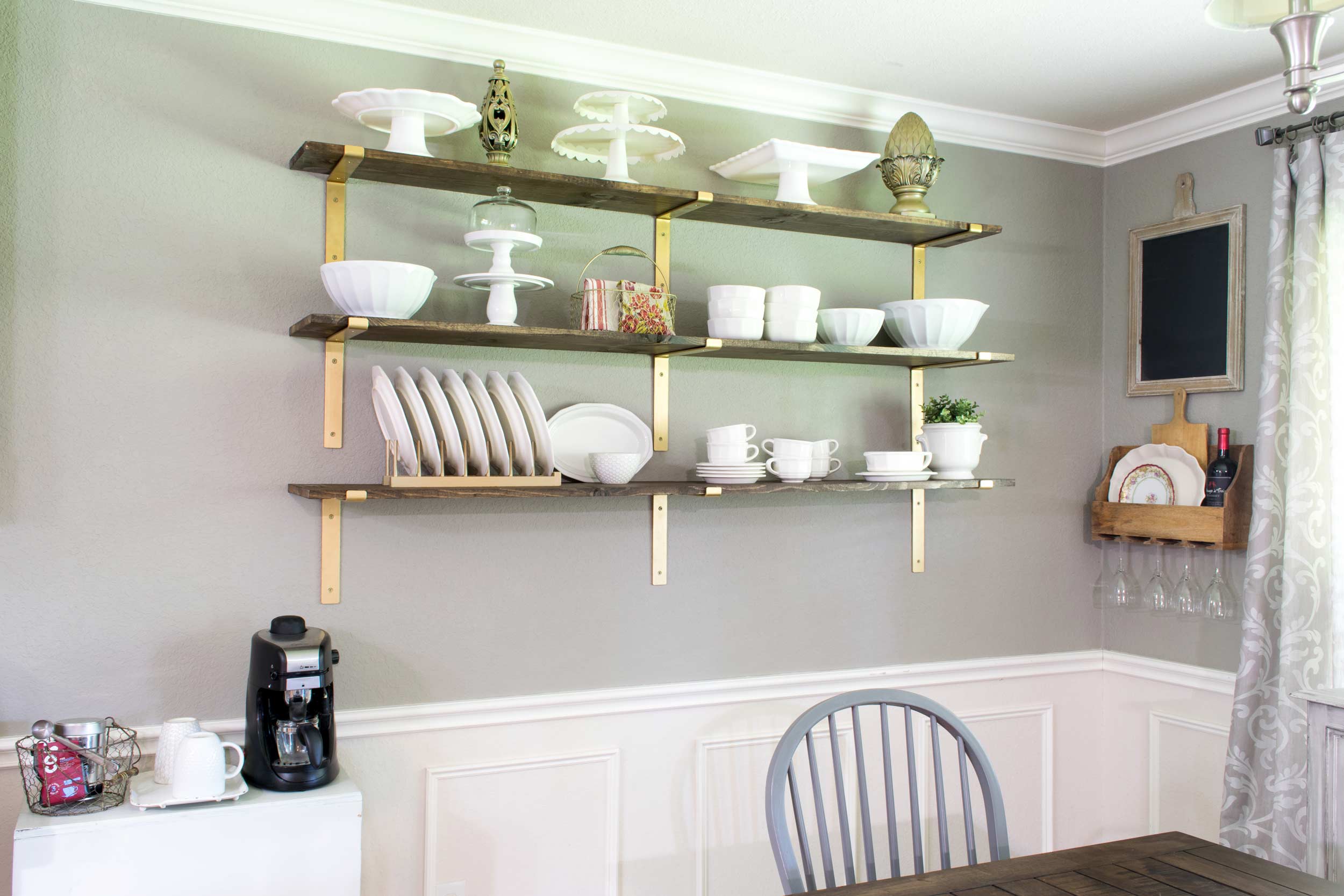 Dining room shelves add more room to display dishes. 