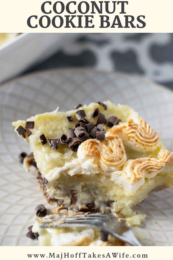 These easy coconut cookie bars will help you prefect your cooking skills. Save time by baking a pre-made cookie dough crust, master the art of making a custard, and pipe a meringue topping to make it a showstopper. Perfect for the Holidays, or year round! One of our families favorite desserts! #coconut #cookiebars #desserts #MHTAW via @mrsmajorhoff