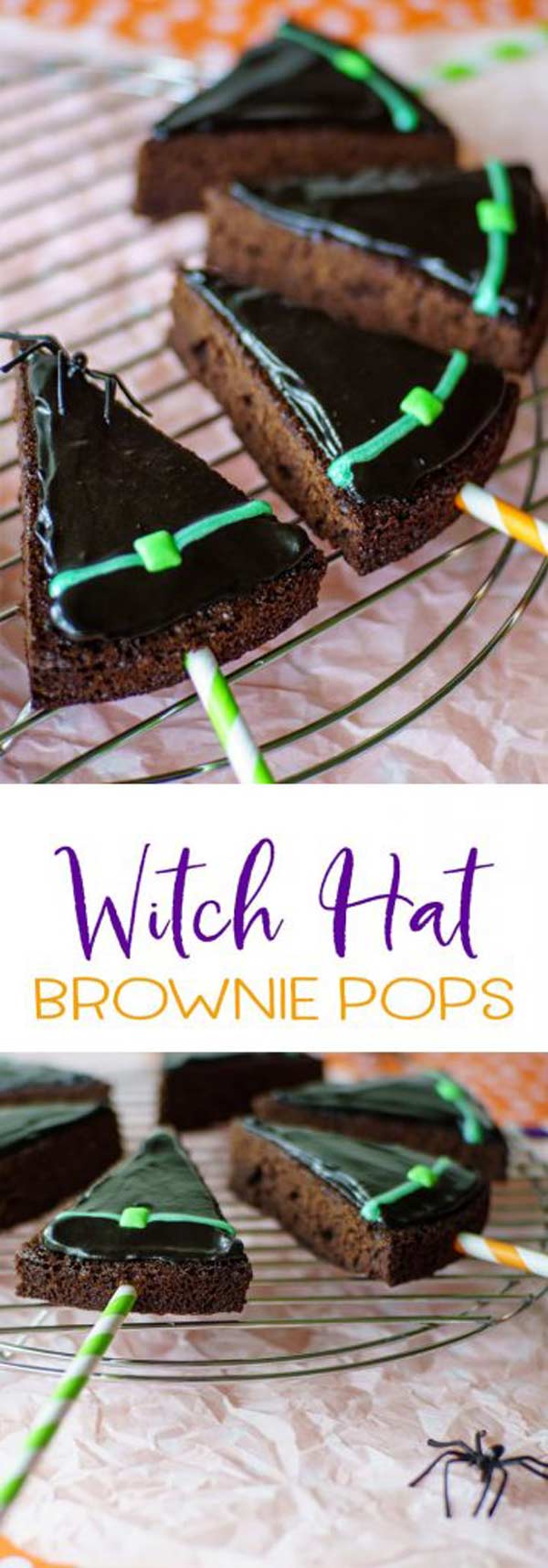 Witch hat brownie pops will be the hit of your Halloween party! Simple to make with a box brownie mix, fast frosting, and an easy piping method! #Halloween #Halloweendesserts #Halloweenparty #MHTAW via @mrsmajorhoff