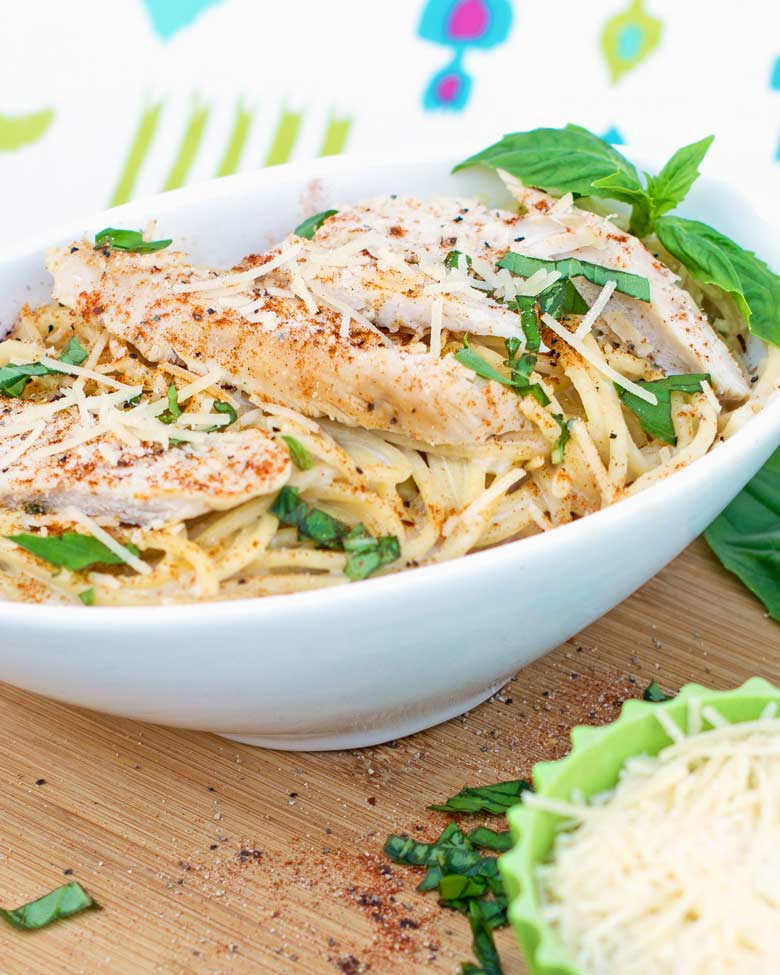 blackened chicken alfredo recipe in a bowl for a quick weeknight meal