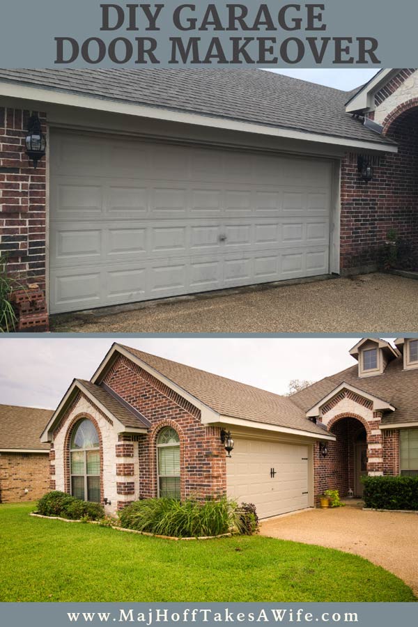 Thinking of doing a garage door makeover? This detailed DIY before and after will show you everything from cleaning, to what paint to use, and even hardware to get that carriage style look on a common roll up garage door. Full of ideas on what you need to update your garage and increase your curb appeal! via @mrsmajorhoff
