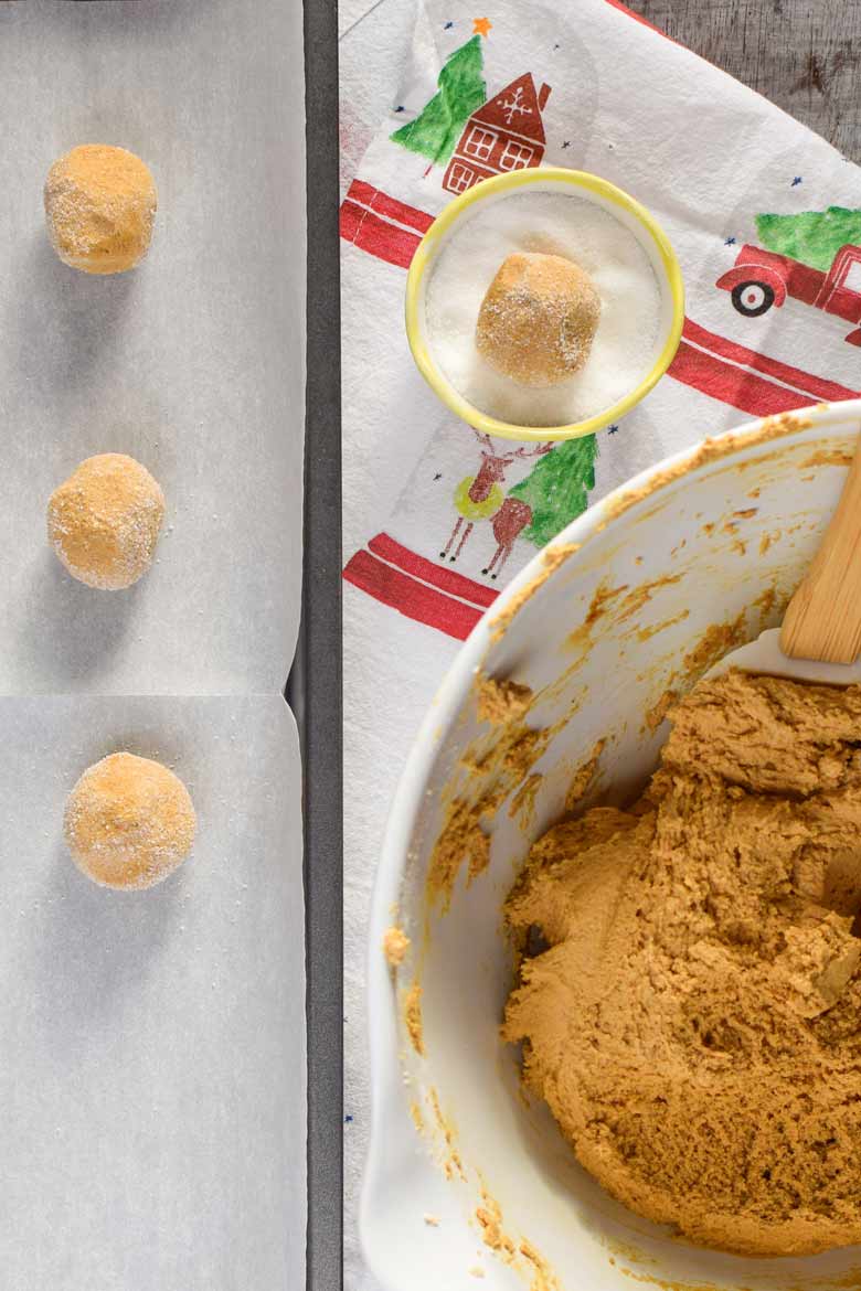 rolling gingerbread cookie dough balls in sugar and placing on cookie sheet