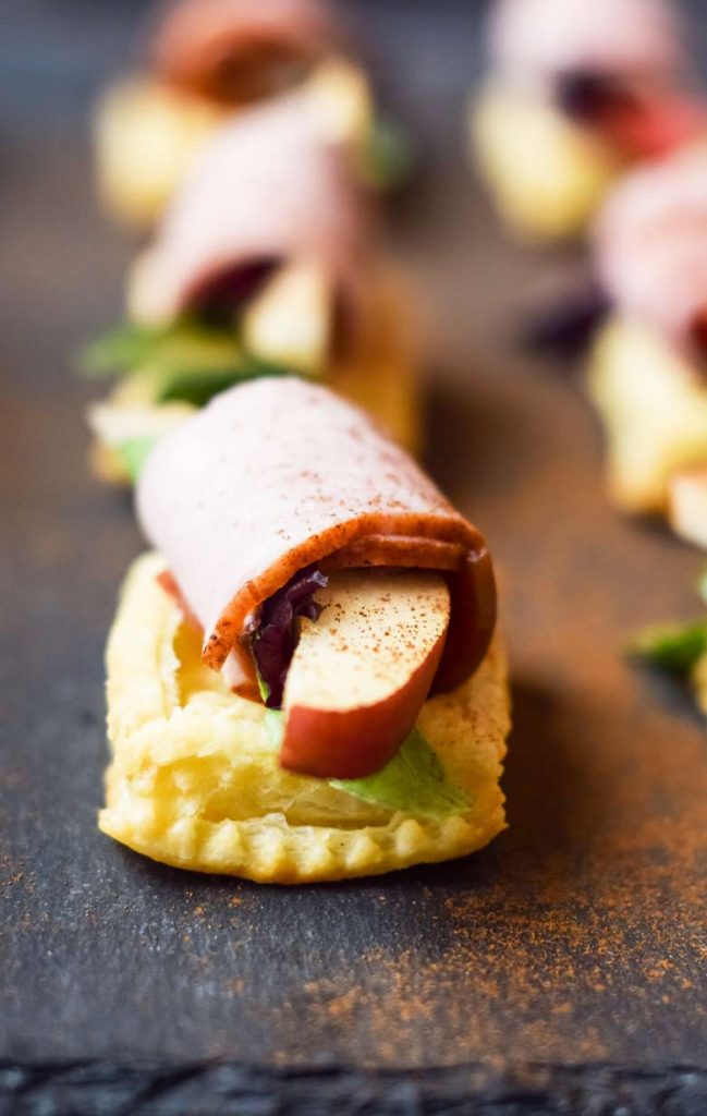 ham pear and goat cheese rolls on puff pastry make excellent snacks