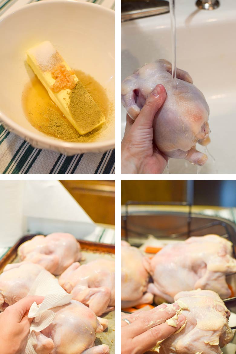 prepping a cornish hen before cooking by thawing it, patting it dry, and covering it with butter and herbs