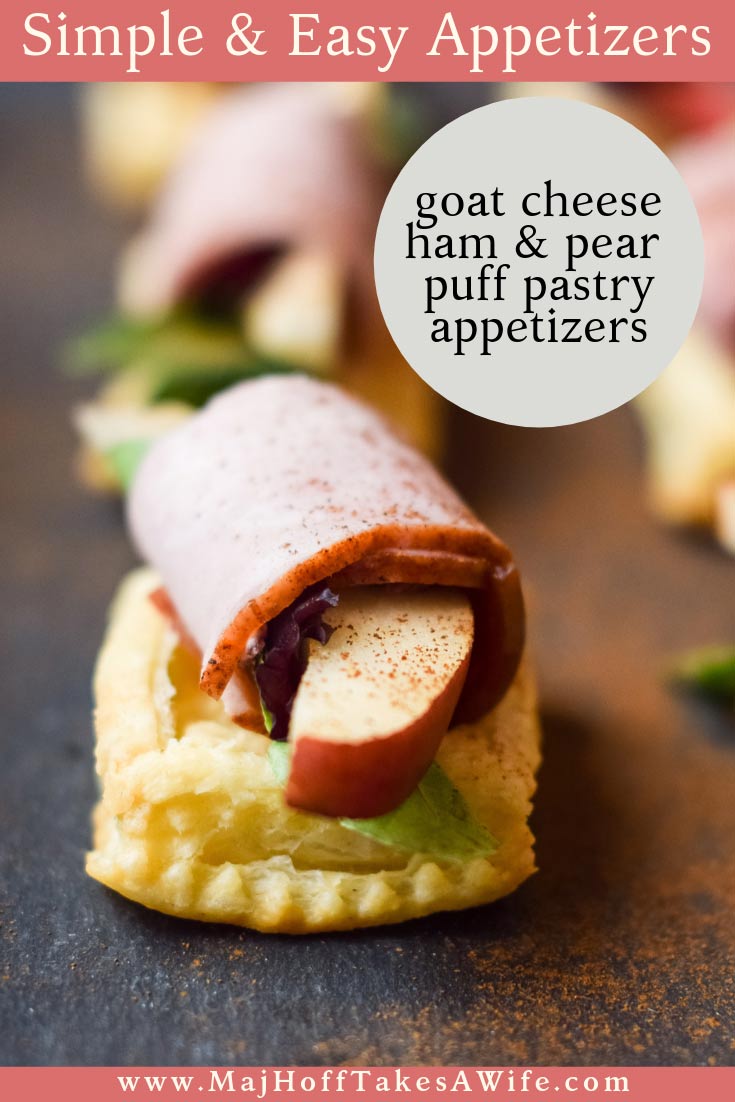These simple and easy ham, pear and goat cheese appetizers are perfect for a party or as a starter for fancy dinners. Loaded puff pastries are the star of the show! Great snacks for the holidays or year round entertaining! Use different crusted goat cheeses like dried cranberries, different fruits or different meats to mix things up! via @mrsmajorhoff