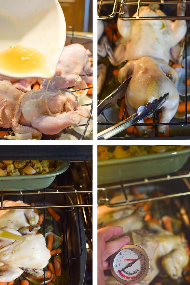 Roasting cornish game hens in the oven by turning, basting and checking the temperature