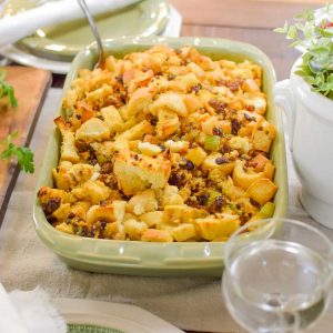 sausage stuffing with apples and cranberries as a Thanksgiving side dish