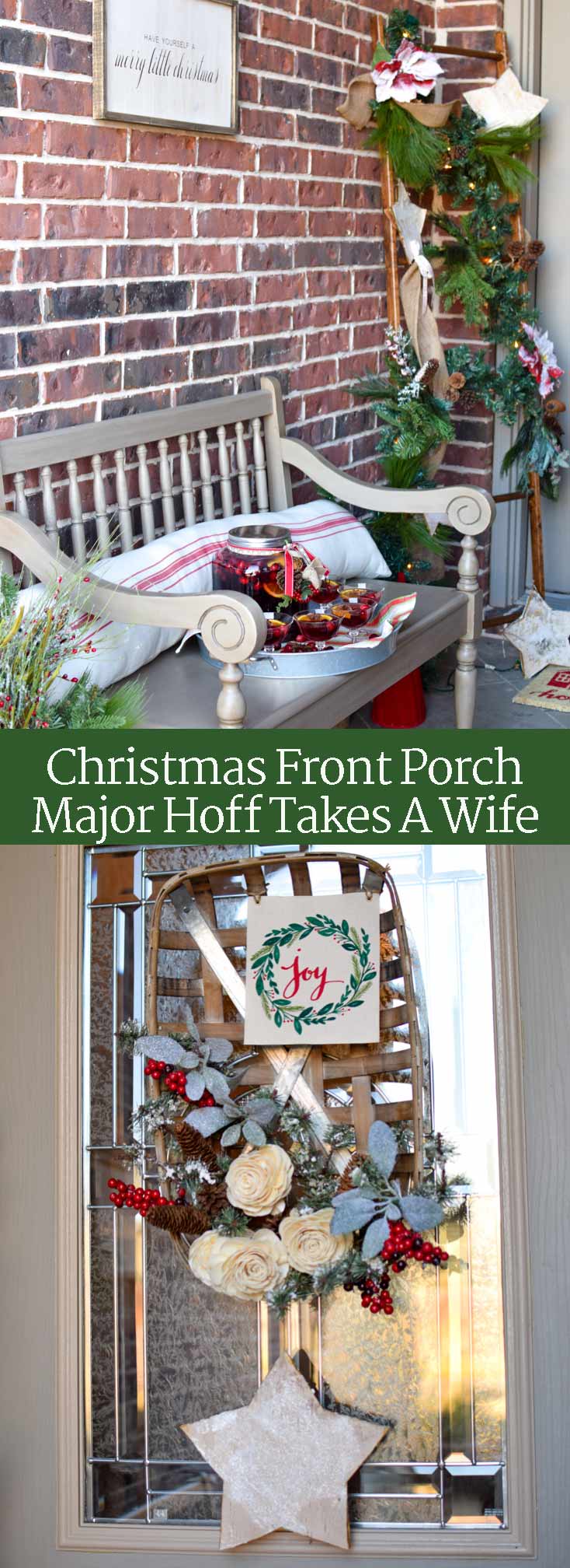 This Christmas porch is full of holiday cheer! Enjoy the farmhouse style decor and grab lots of ideas for a simple Christmas wreath, a ladder with lights and garland, a bench with an inviting drink, and lots of other DIY decorations. Be sure to check out all the details! #Christmas #Christmasdecor #Christmascrafts via @mrsmajorhoff