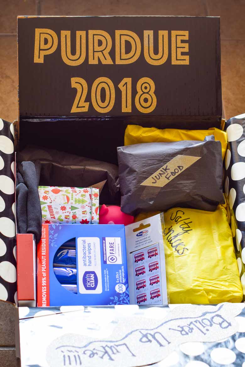 A finals care package for a purdue student