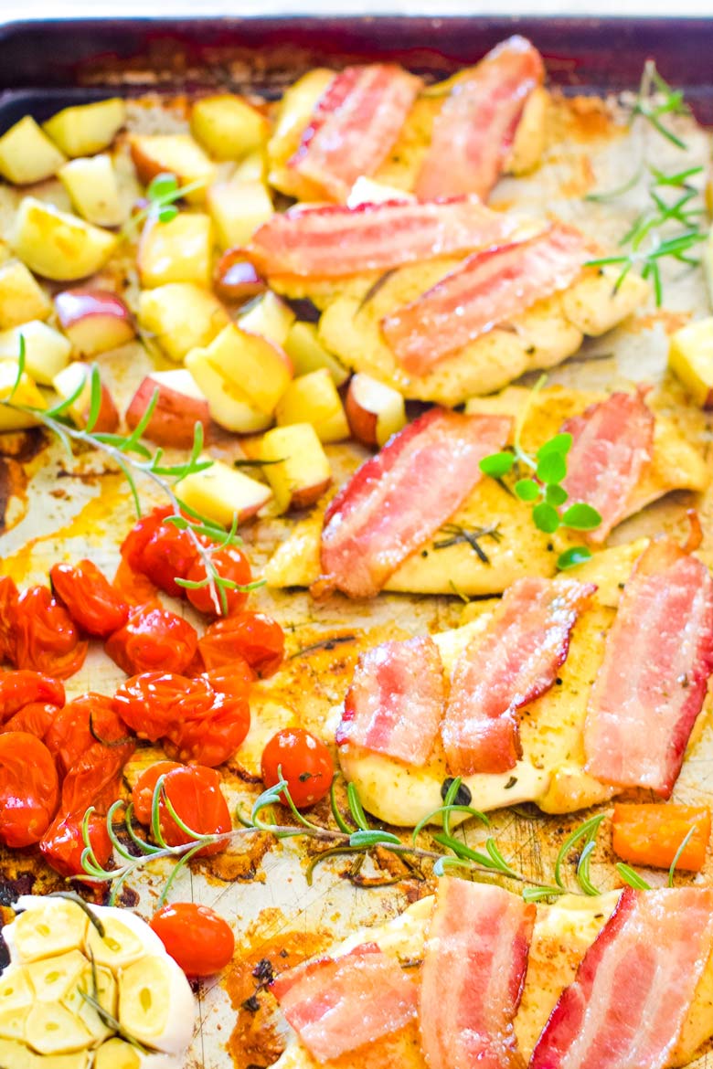 sheet pan chicken and bacon dinner