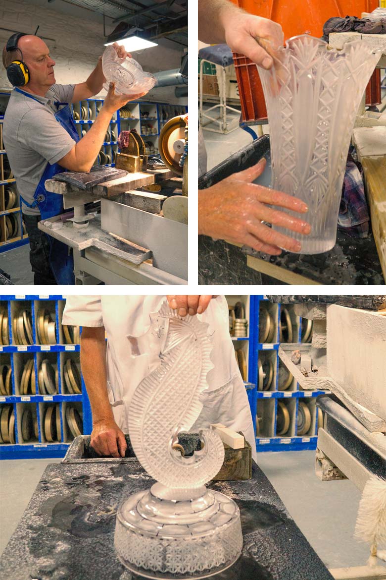 Cutting, inspecting and washing fresh cut glass along with the Waterford trademark seahorse.