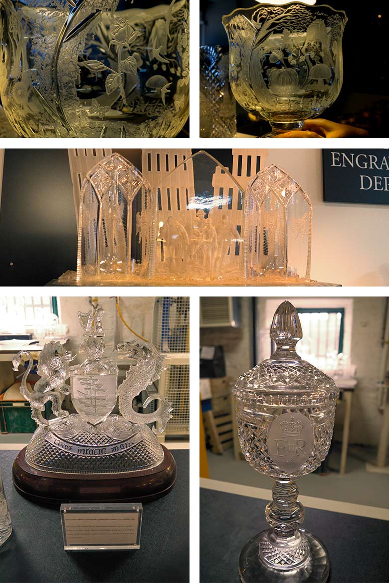 Finished pieces and close up views of engraving done on dishes, the 9/11 Waterford crystal memorial piece and more