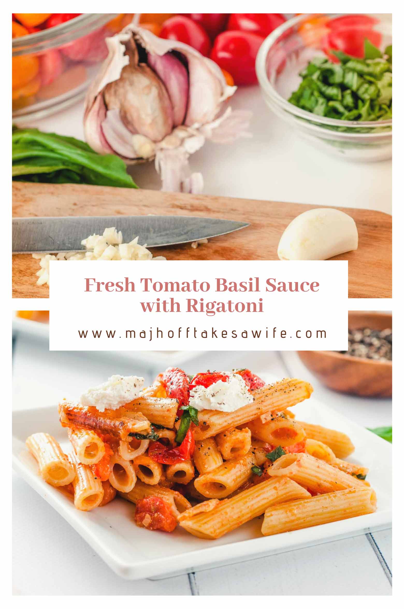 Easy to make homemade fresh tomato basil pasta sauce will become one of your favorite go to recipes! Serve with a side salad, and top with ricotta or mozzarella cheese for a quick and healthy weeknight meal. Stir in more ricotta to make it creamy, or add chicken or serve with sausage for more protein. Use cherry tomatoes or even mix in sun-dried tomatoes for a twist. Rigatoni noodles hold the sauce well, but feel free to use your favorite noodles. via @mrsmajorhoff