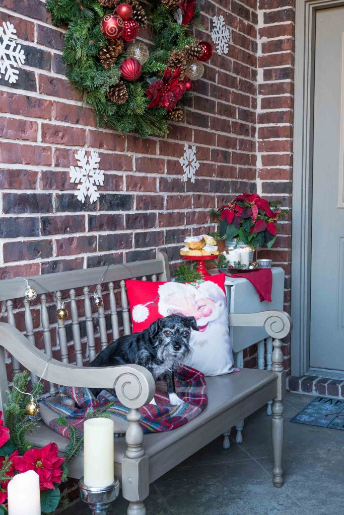 Holiday bench with a dog and santa pillow