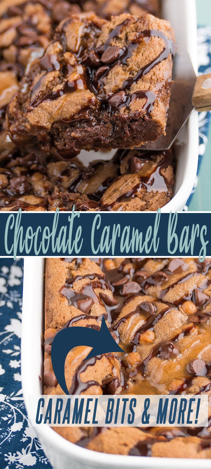 chocolate caramel bars long pin showing brownie style cookies in a white casserole dish