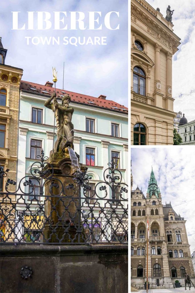 Liberec town square has a water fountain and architectural details. 