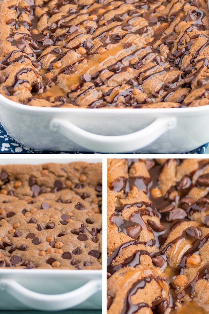soft and brownie like cookie bars with chocolate chips and caramel bits in a casserole dish