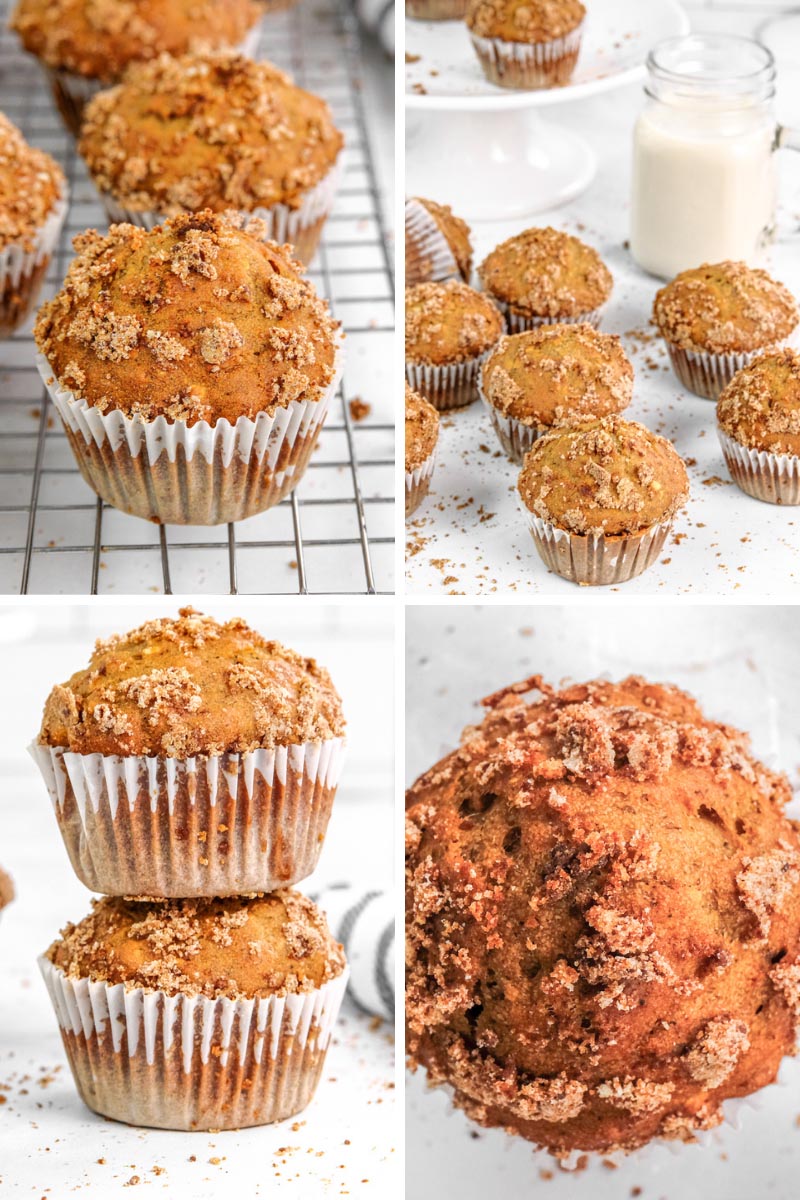 oatmeal banana muffins collage with muffins in liners, crumb topping and a glass of milk