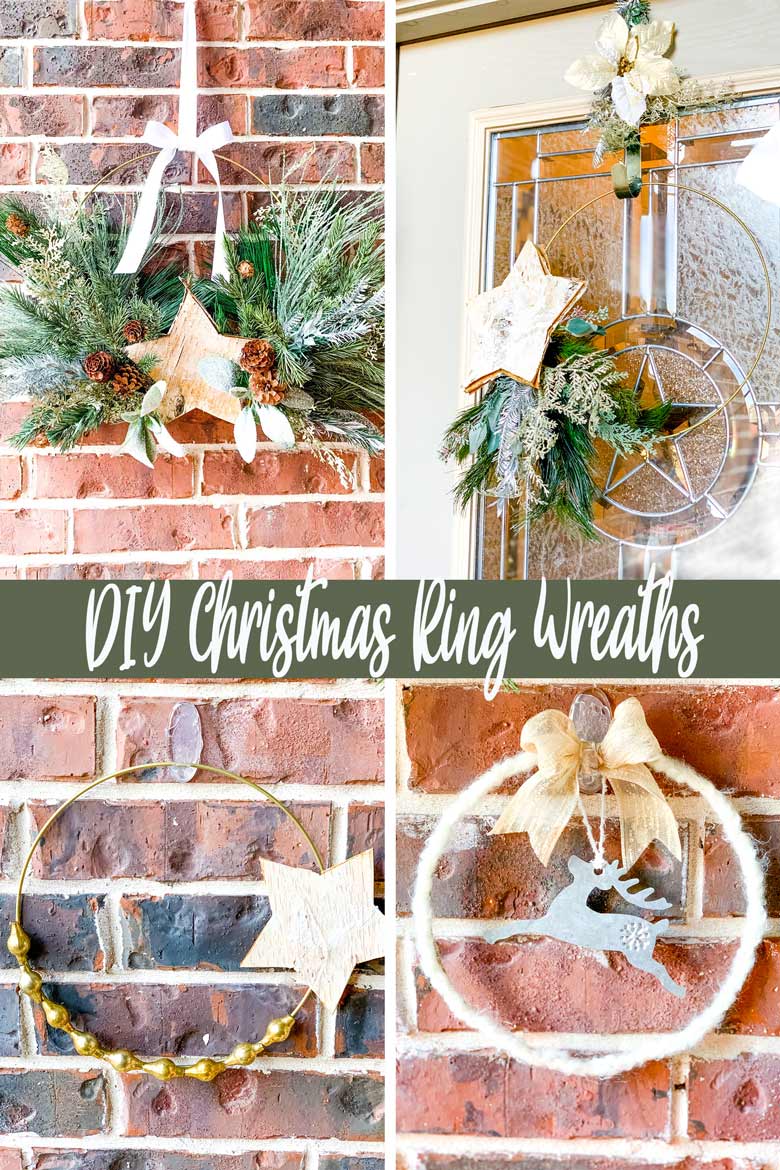 4 modern hoop ring wreaths decorated for Christmas