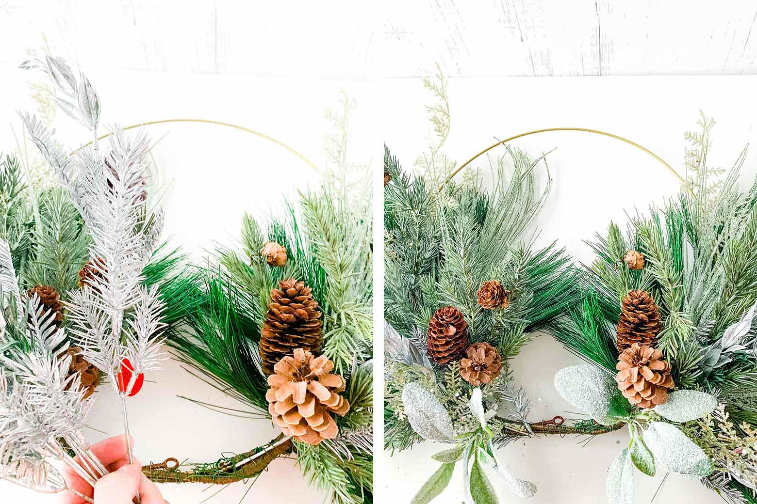 adding accents like pinecones and glitter stems to a wreath
