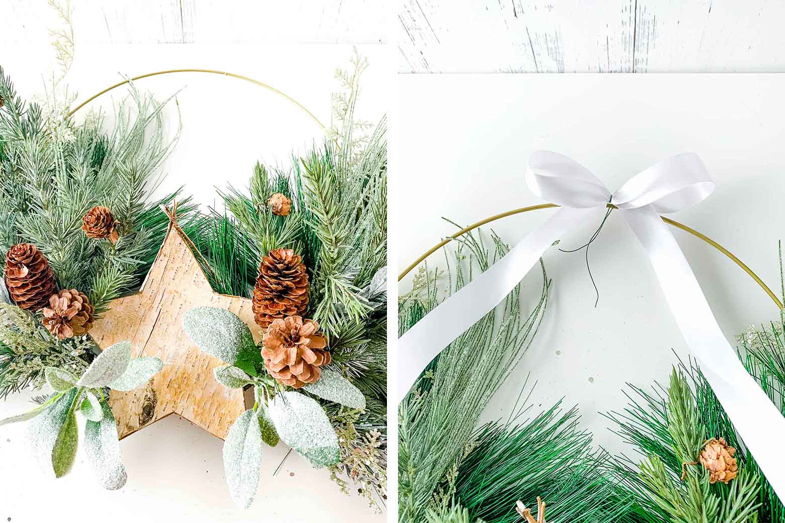 hot glueing a birch bark star and placing a ribbon on a wreath
