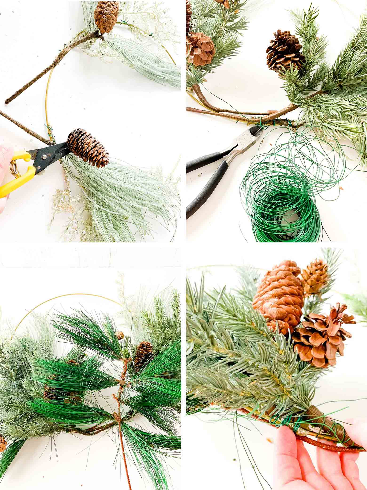 adding layers of floral stems onto a wreath