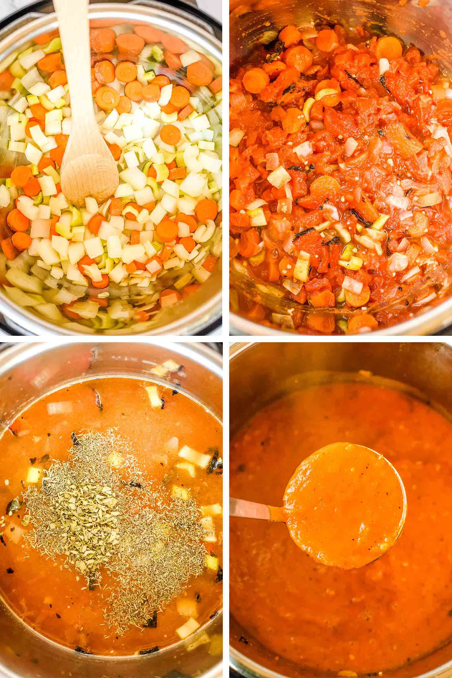 collage of steps of making tomato red pepper soup in a pressure cooker: saute vegetables, add in tomatoes, peppers, and spice, and the soup after it is pureed.