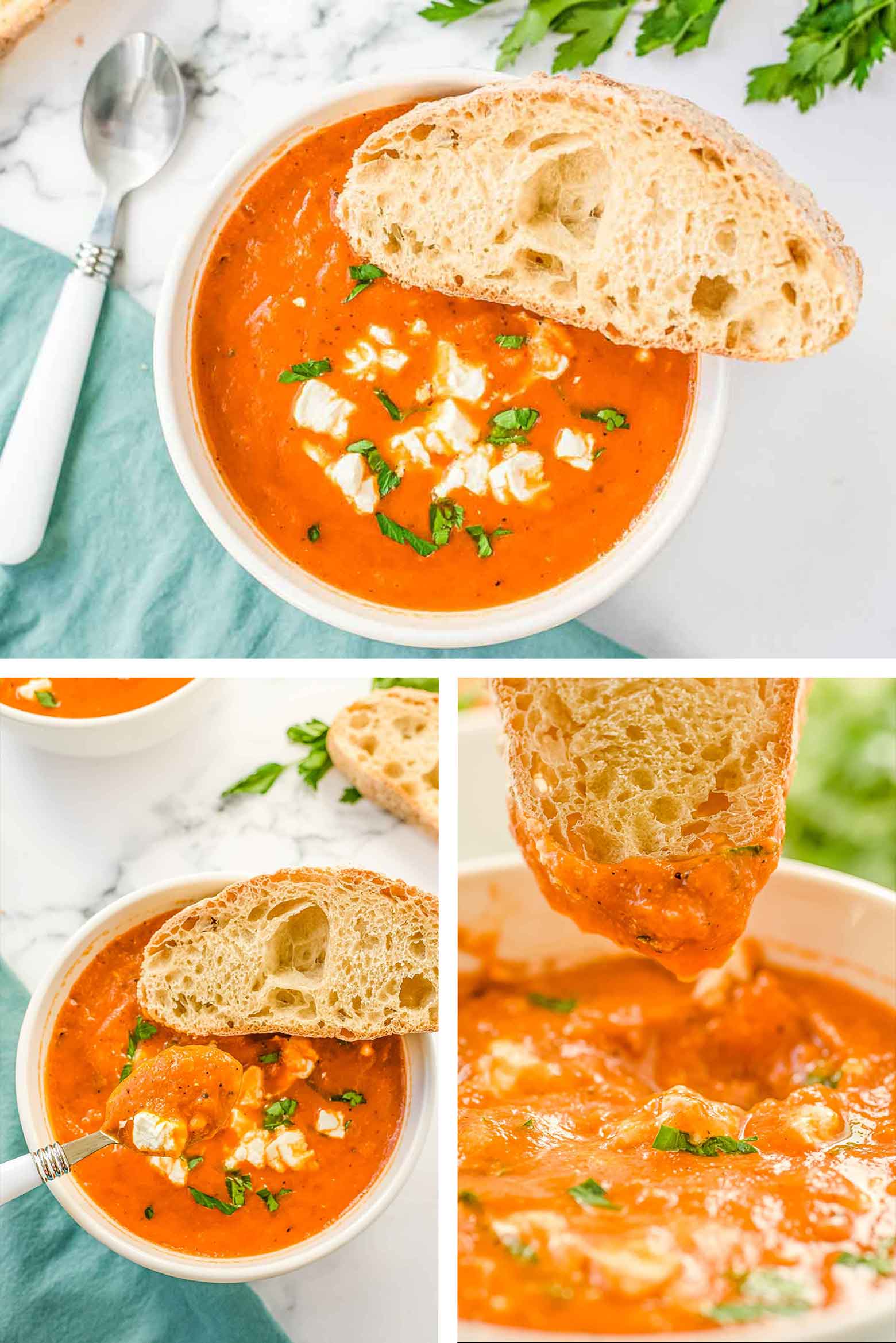 a white bowl filled with tomato and roasted red pepper soup with lentils with a side of crusty french bread slices.