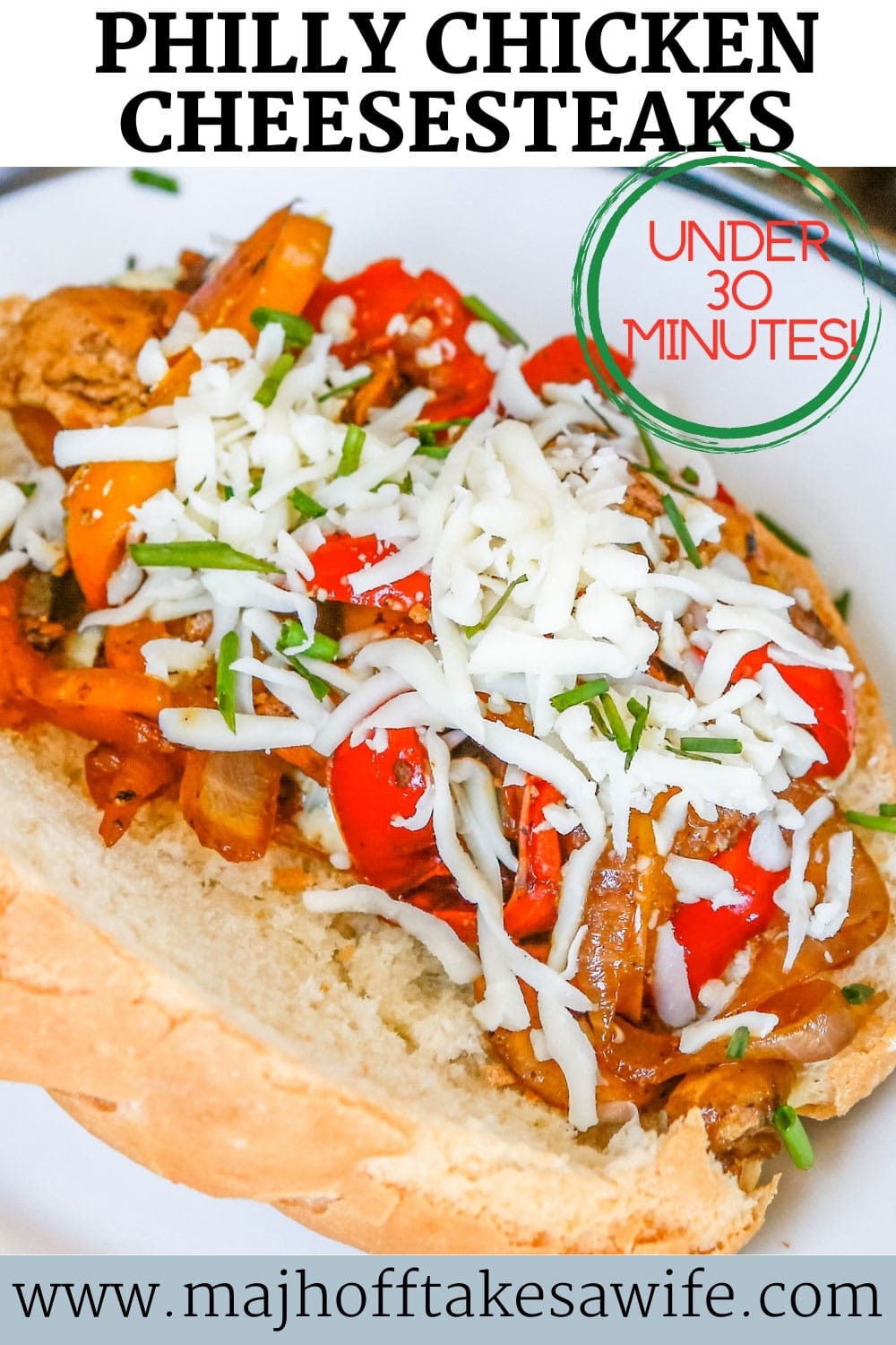 Chicken Cheesesteak puts a Philly style spin on the basic chicken sandwich! Served on hoagie buns and spread with homemade garlic aioli, this hearty sandwich is guaranteed to satisfy your cheesesteak cravings. Made in under 30 minutes and loaded with peppers, onions and chicken, this is the ideal weekday meal when you are in a time crunch! Philly chicken cheesesteak sandwiches are a HUGE hit! via @mrsmajorhoff