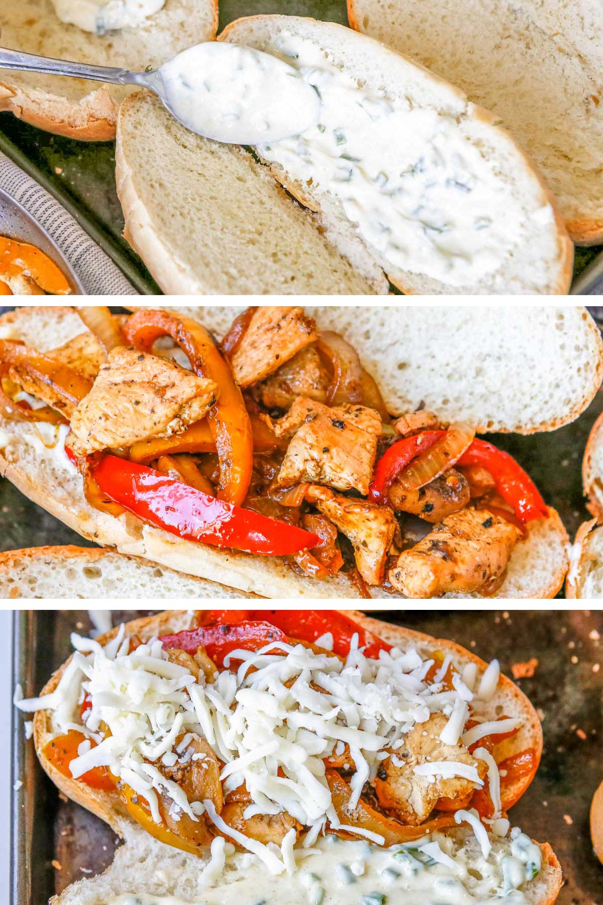 a collage of steps to assemble the sandwich: Smearing garlic aioli on a bun, topping bun with chicken and pepper mixture and final photo showing bun and chicken topped with shredded cheese.
