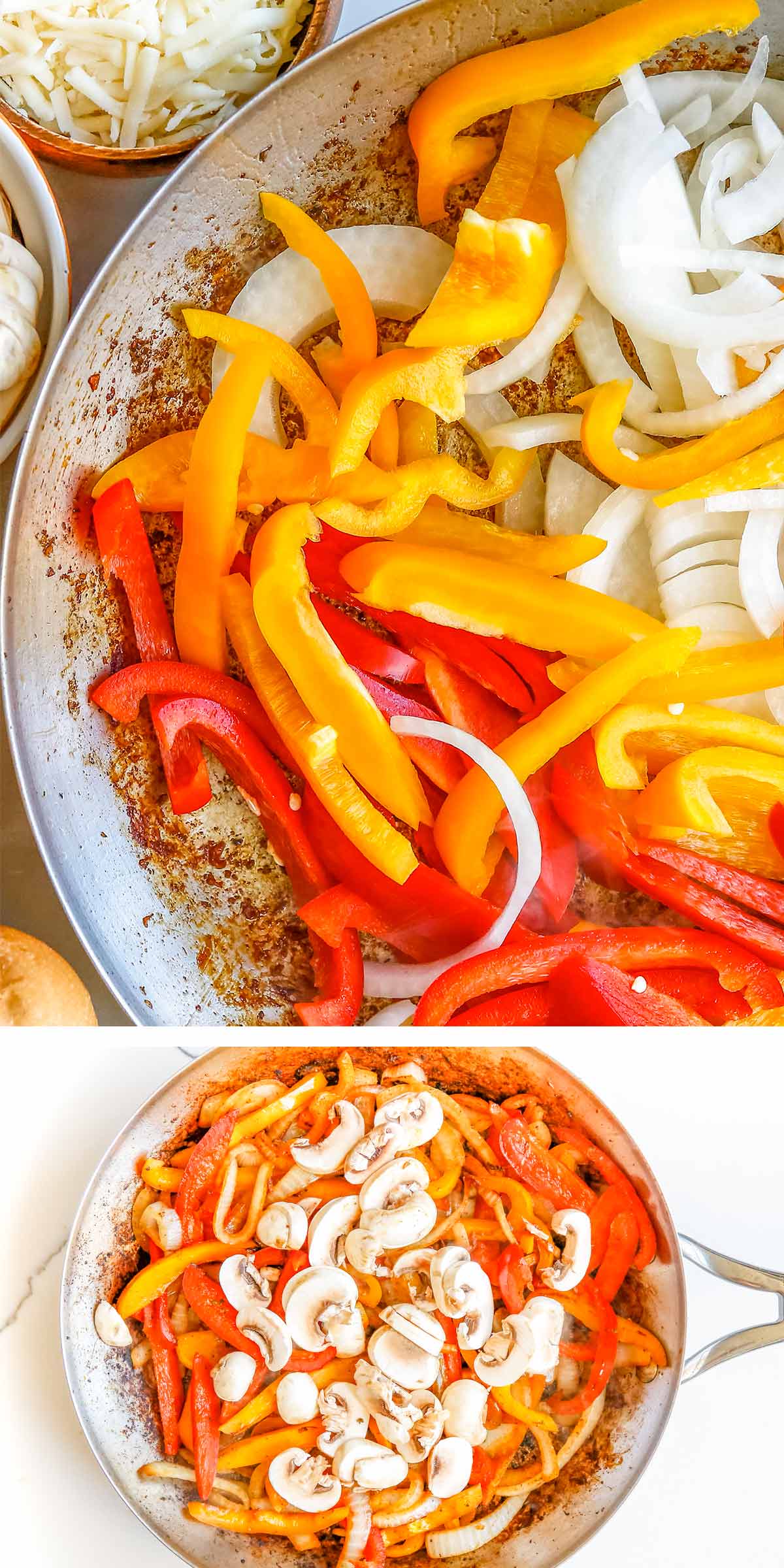 a well used skillet with sliced raw onions and uncooked slices of red and yellow bell peppers along with mushrooms.