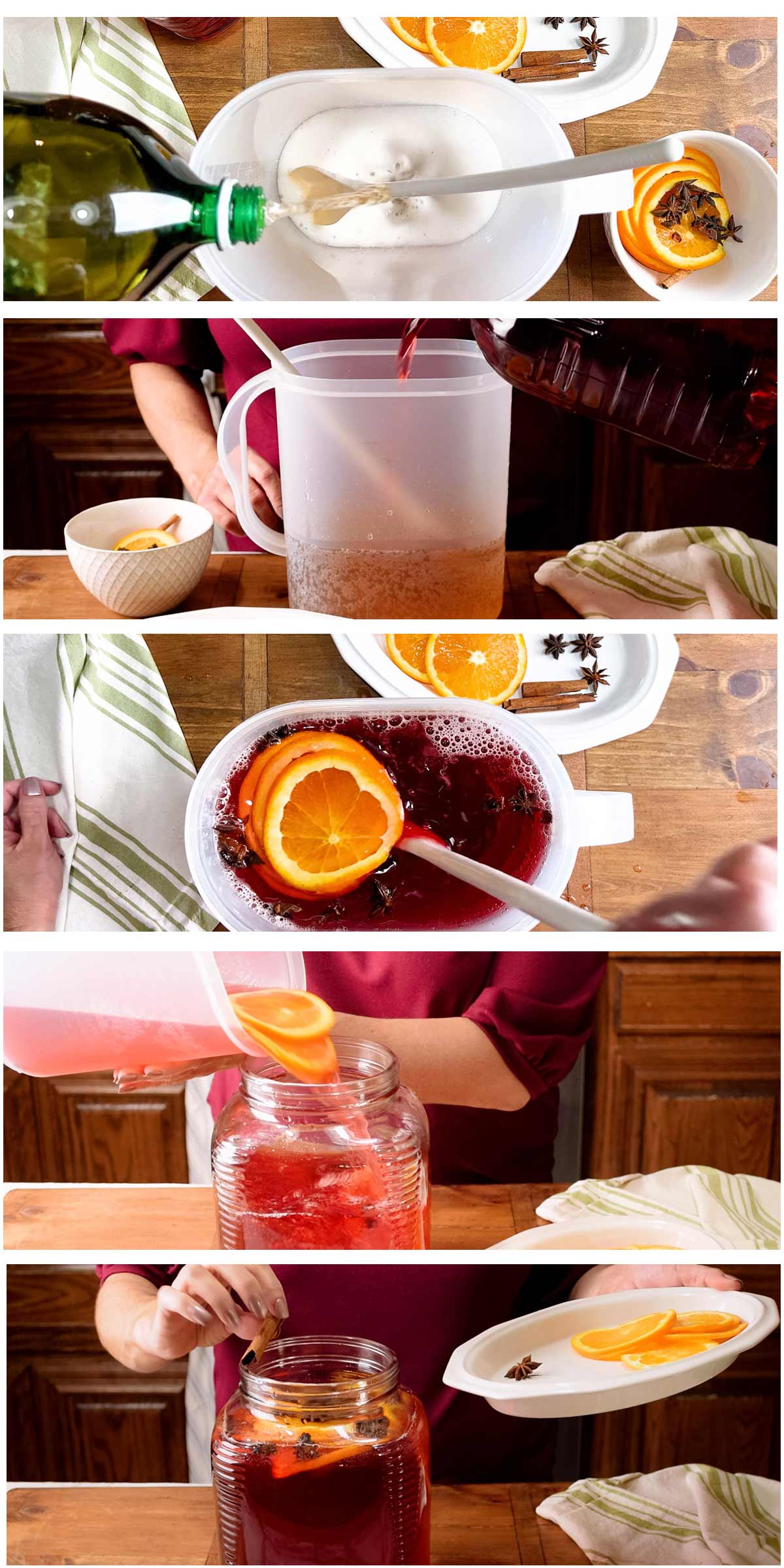 A collage of 5 photos showing the steps of making a Christmas punch of cranberry juice and ginger ale. It shows ginger ale being poured into a pitcher, followed by cranberry juice, then orange slices, star anise and cinnamon sticks. 