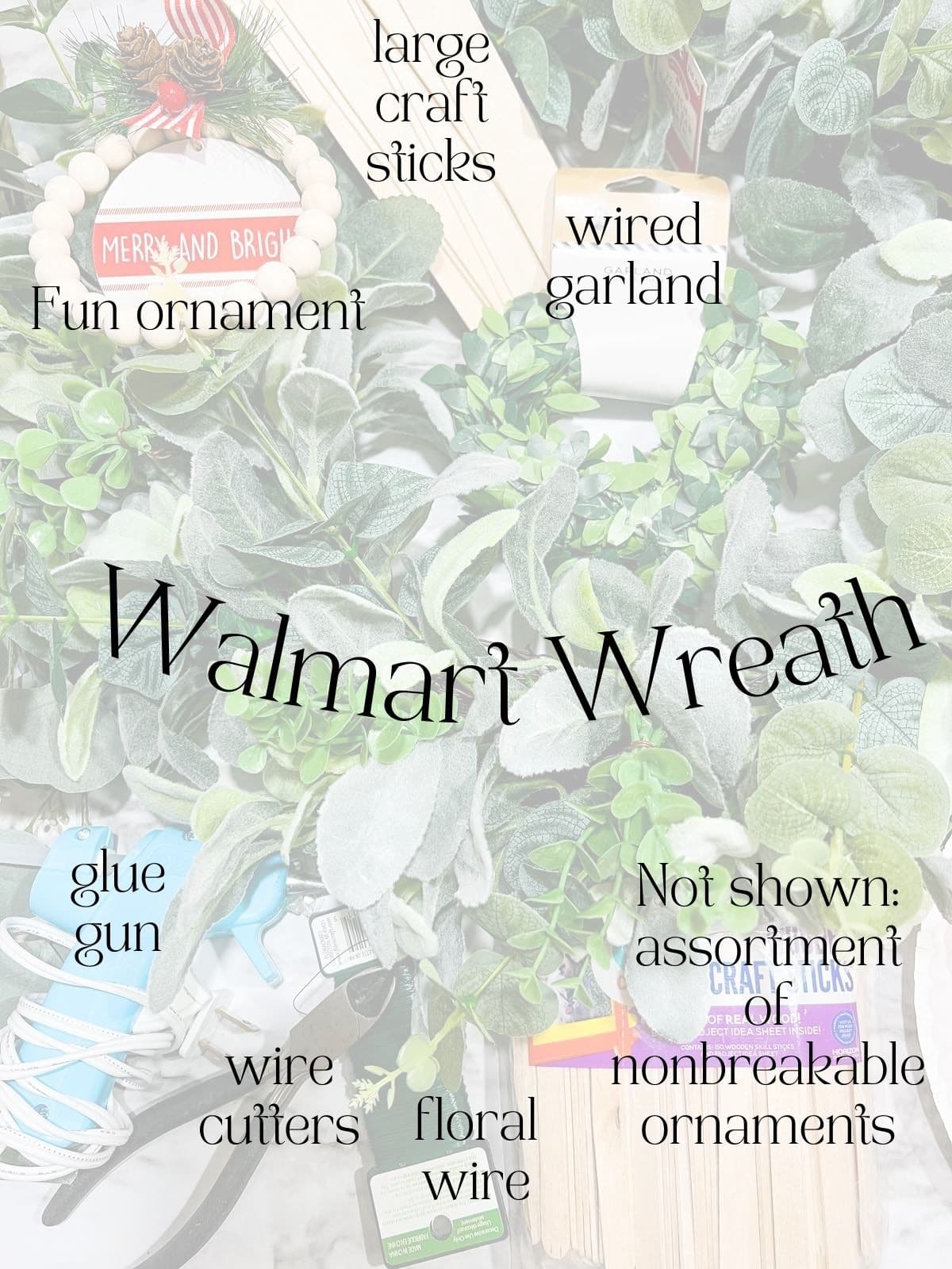 Supplies needed to hack a Walmart wreath for the holidays. All items on a white table and includes a lambs ear wreath, wired garland, large and small wood craft sticks, a glue gun, wire snips and floral wire.