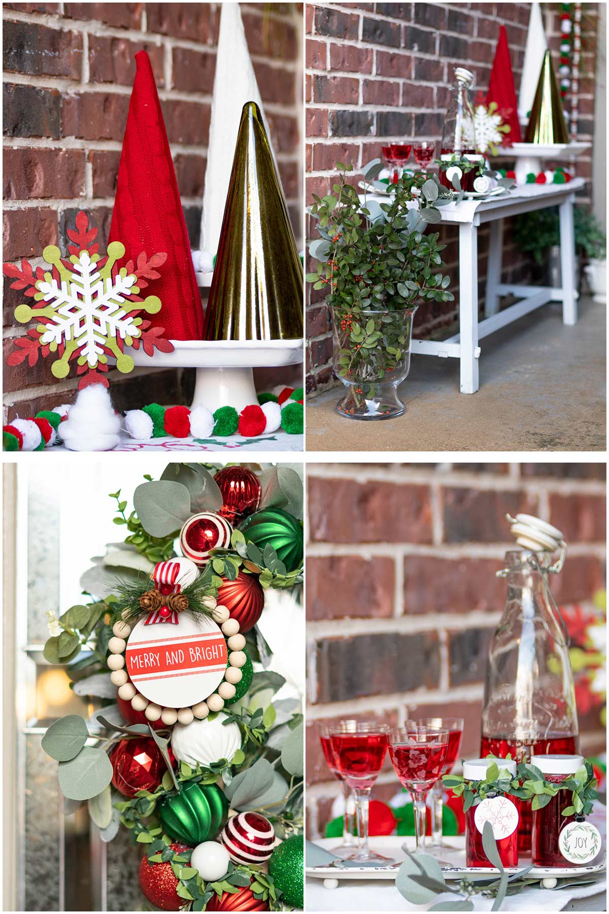 a 4 picture collage of holiday decor on a porch. There is a close up of some decorations, a bench that has fresh greenery in a vase in front of it, a close up of ornaments on a wreath, and a bottle of red cranberry vodka also poured into glasses.