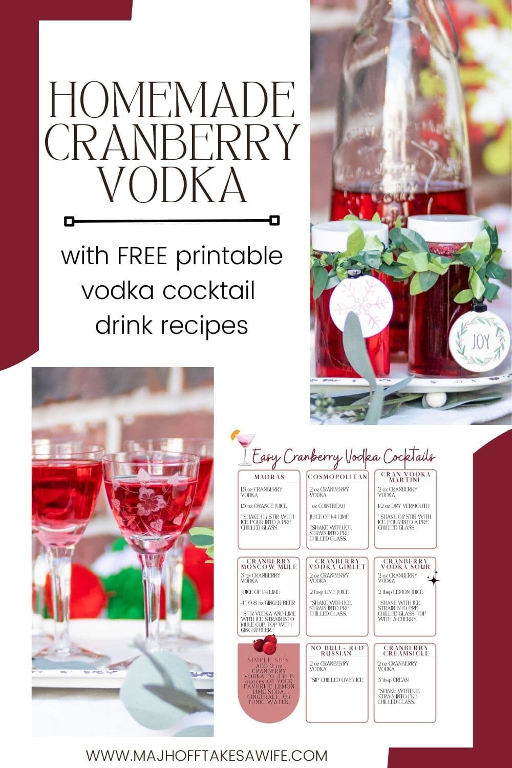 Cranberry Vodka is a great way to add some fun to your home bar! Easy to make with sugar, cranberry juice and vodka and takes less than an hour! A perfect base for holiday cocktails it will be the hit of your next festive party! via @mrsmajorhoff