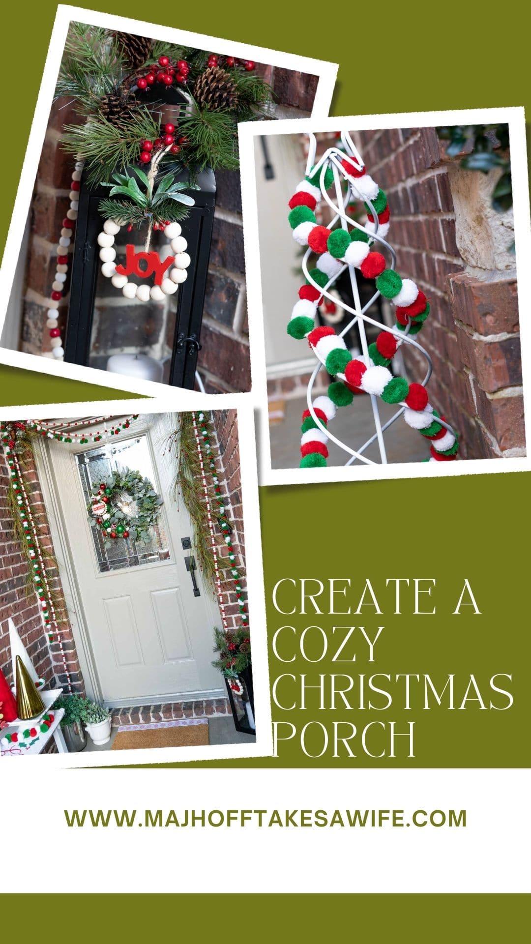 A fun a festive front porch decorated in shades of red, white and green. Features a homemade wreath, pom pom and wooden bead garlands, a homemade Christmas tree sign and a cheery welcome beverage of homemade cranberry vodka! via @mrsmajorhoff