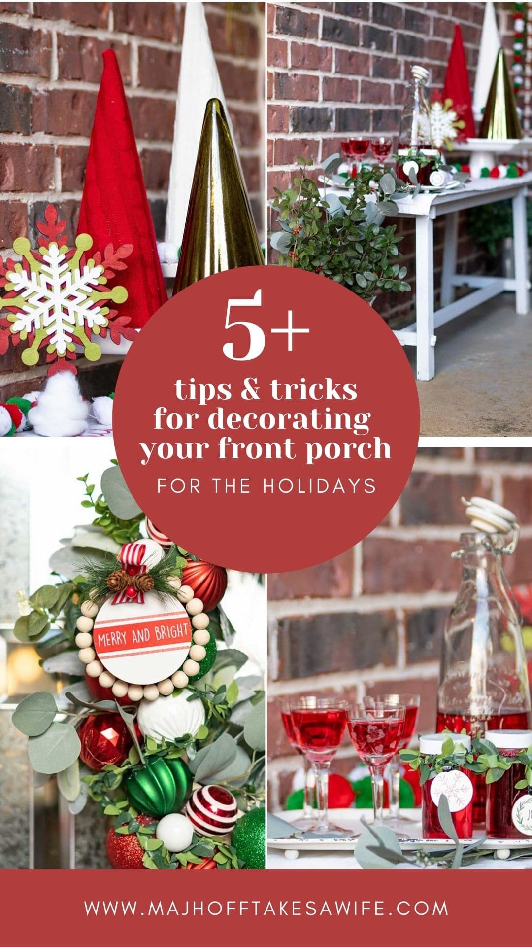 A fun a festive front porch decorated in shades of red, white and green. Features a homemade wreath, pom pom and wooden bead garlands, a homemade Christmas tree sign and a cheery welcome beverage of homemade cranberry vodka! via @mrsmajorhoff