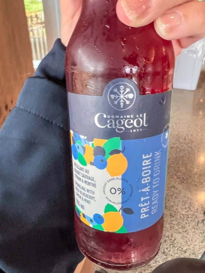 a sparkling blueberry lemon and mint drink in a glass bottle being held in a woman's hand