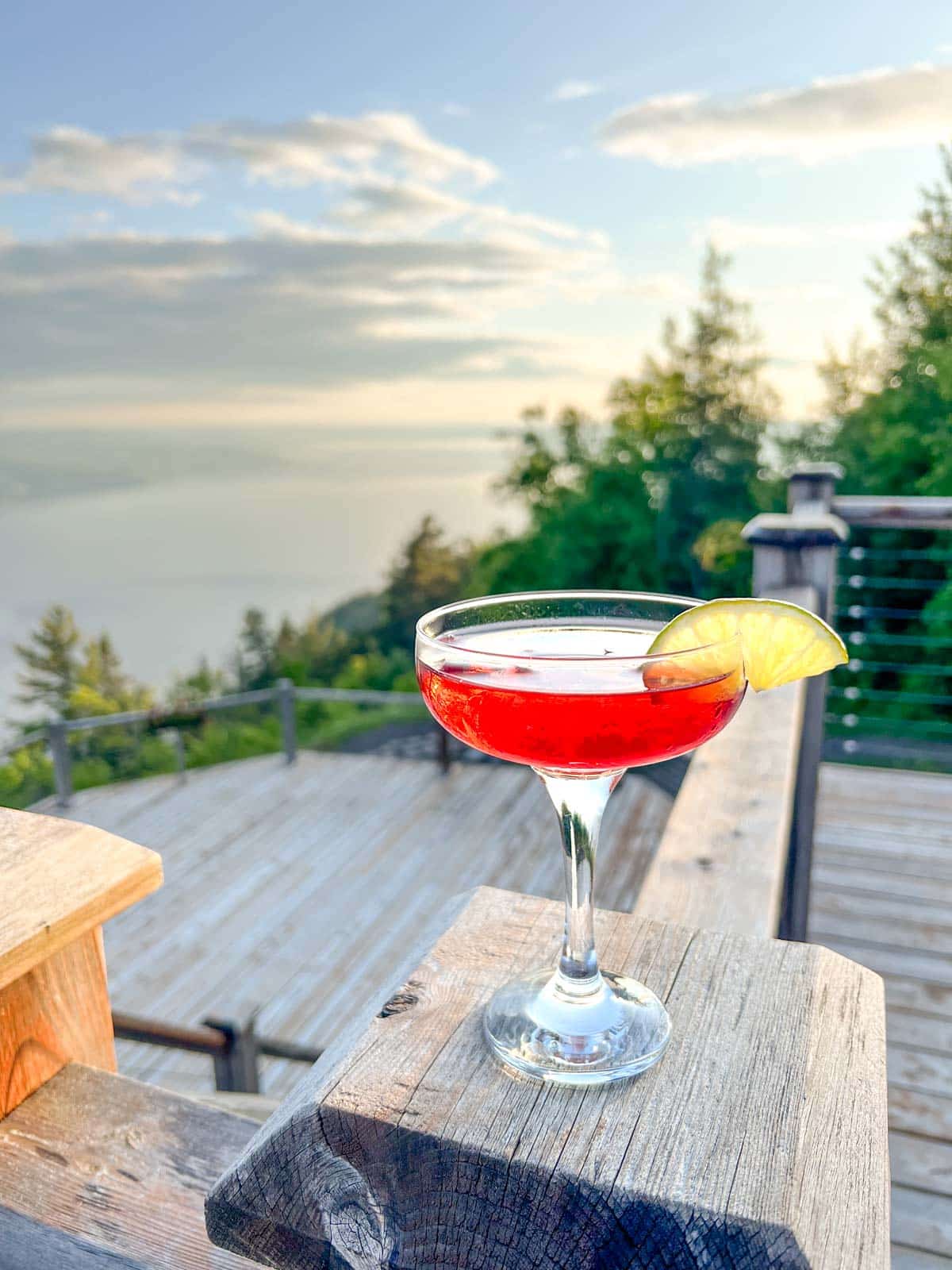 A clear wide brimmed glass flute with a cosmopolitan cocktail and a lime wedge resting on a deck rail over looking a view of the fjord.