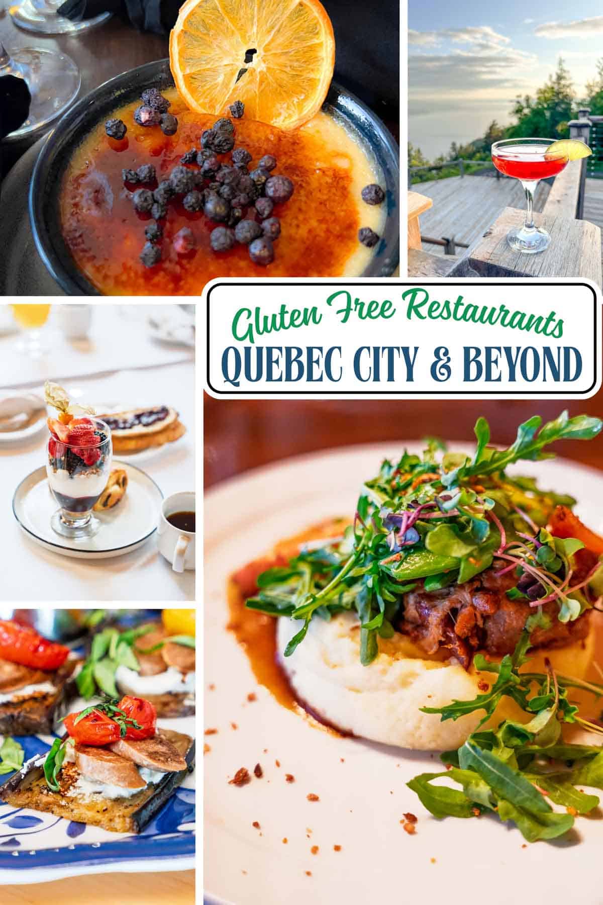 a collage photo of gluten free items including creme brûlée, a cosmopolitan, yogurt berry granola parfait, sausage and tomato on eggplant, and a roasted pigs cheek on mashed potatoes