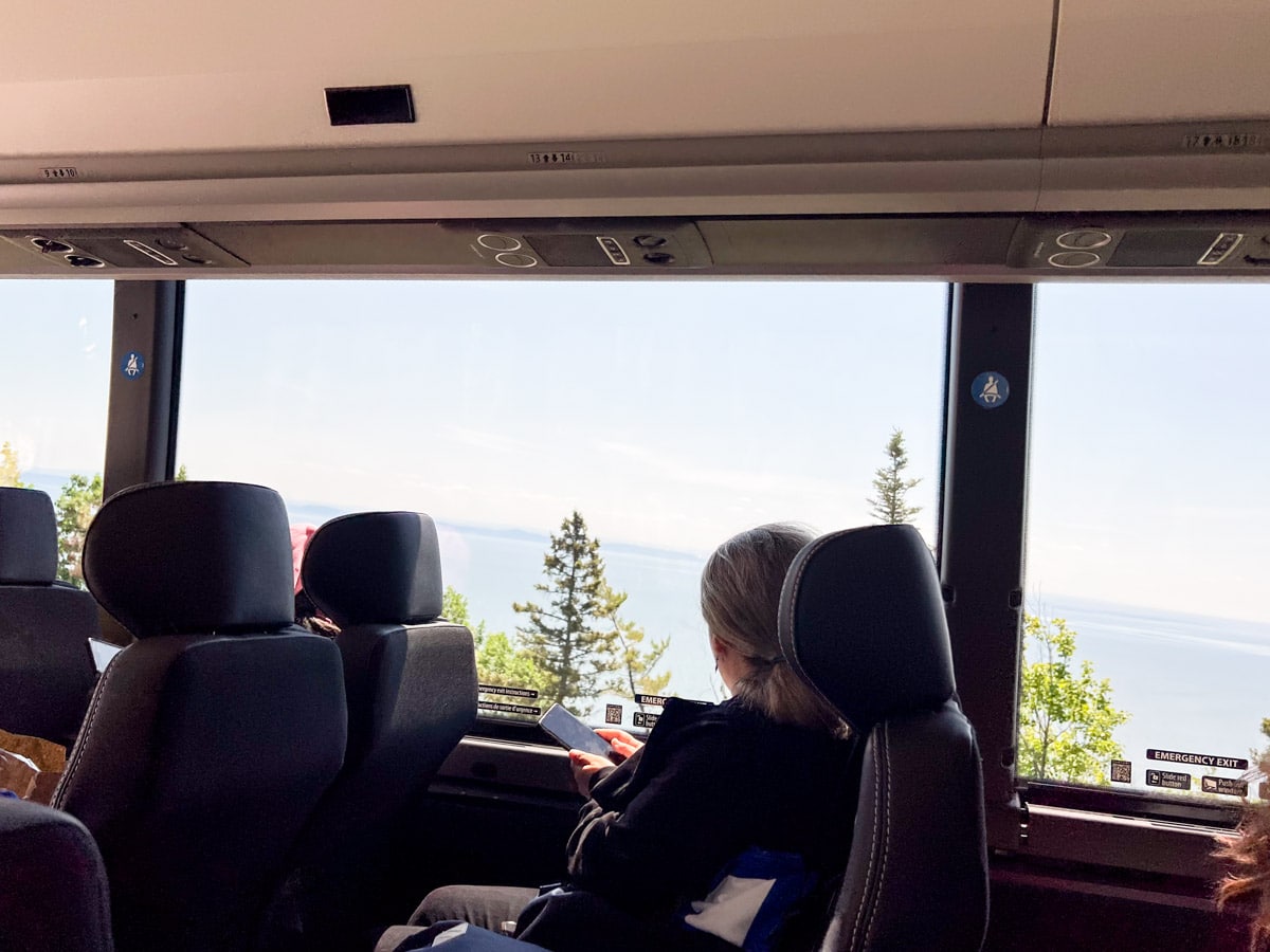 a women on her phone on a tour bus with the ocean and trees visible through the window