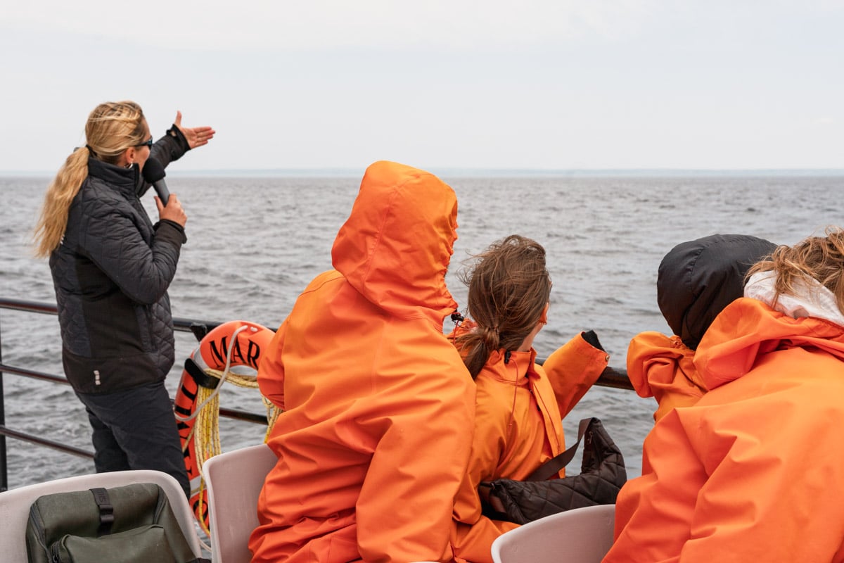 A naturalist on board a zodiac points out a whale while whale watchers look out to sea.